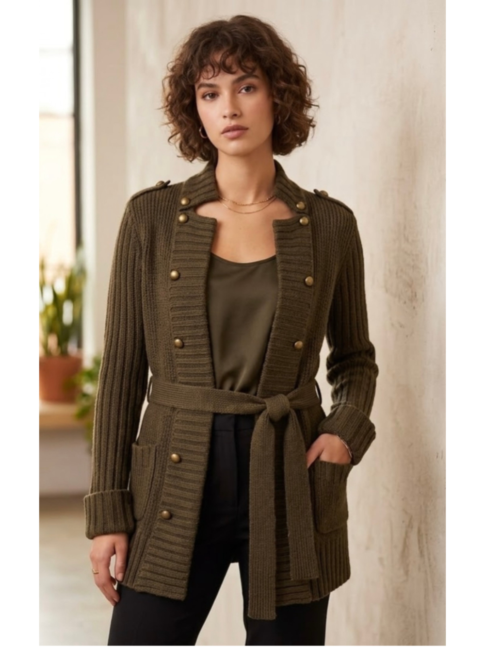 FYLO Olive Military Cardigan Sweater L Belted Brass Buttons Chunky Knit EUC
